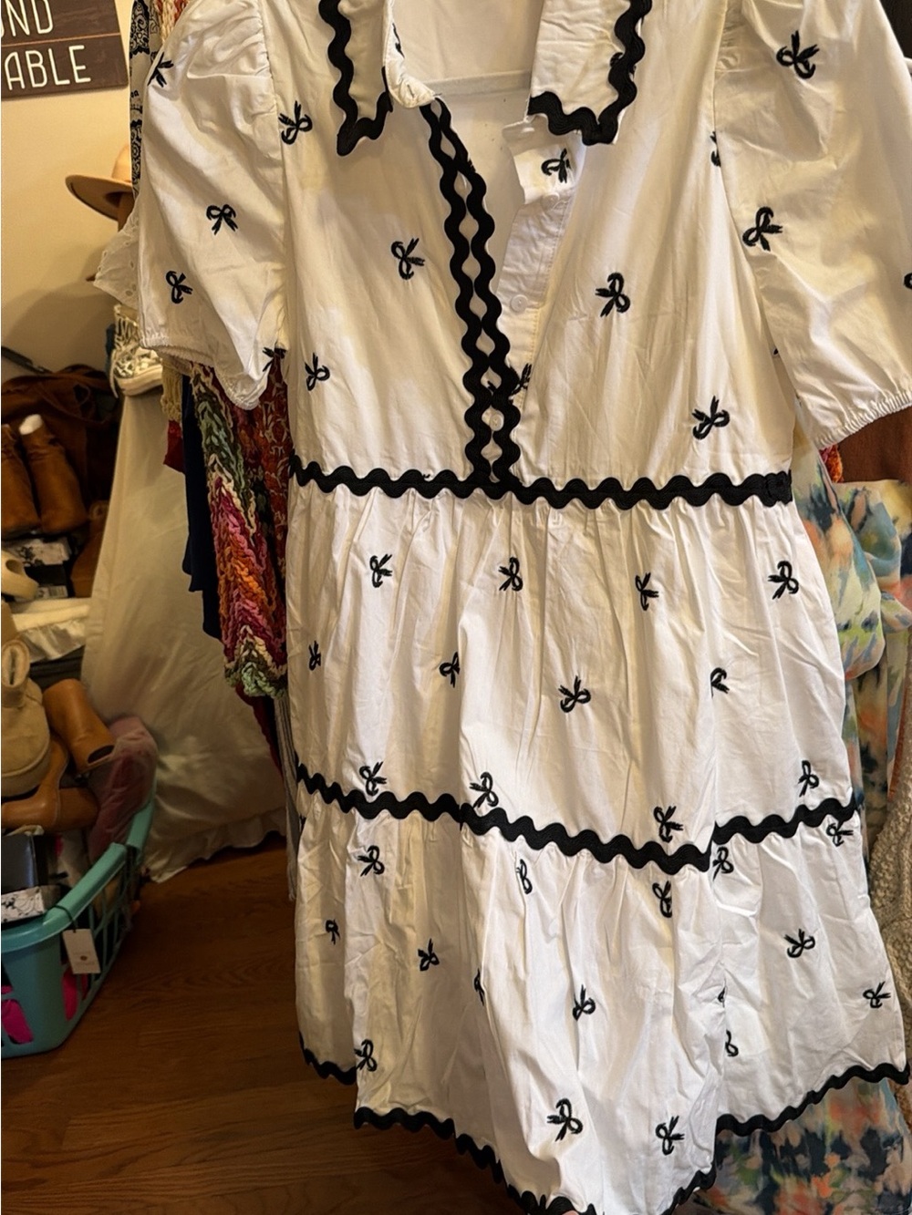 C White Midi Dress with Black Rickrack Trim and Bow Embroidery - Picture 2 of 3
